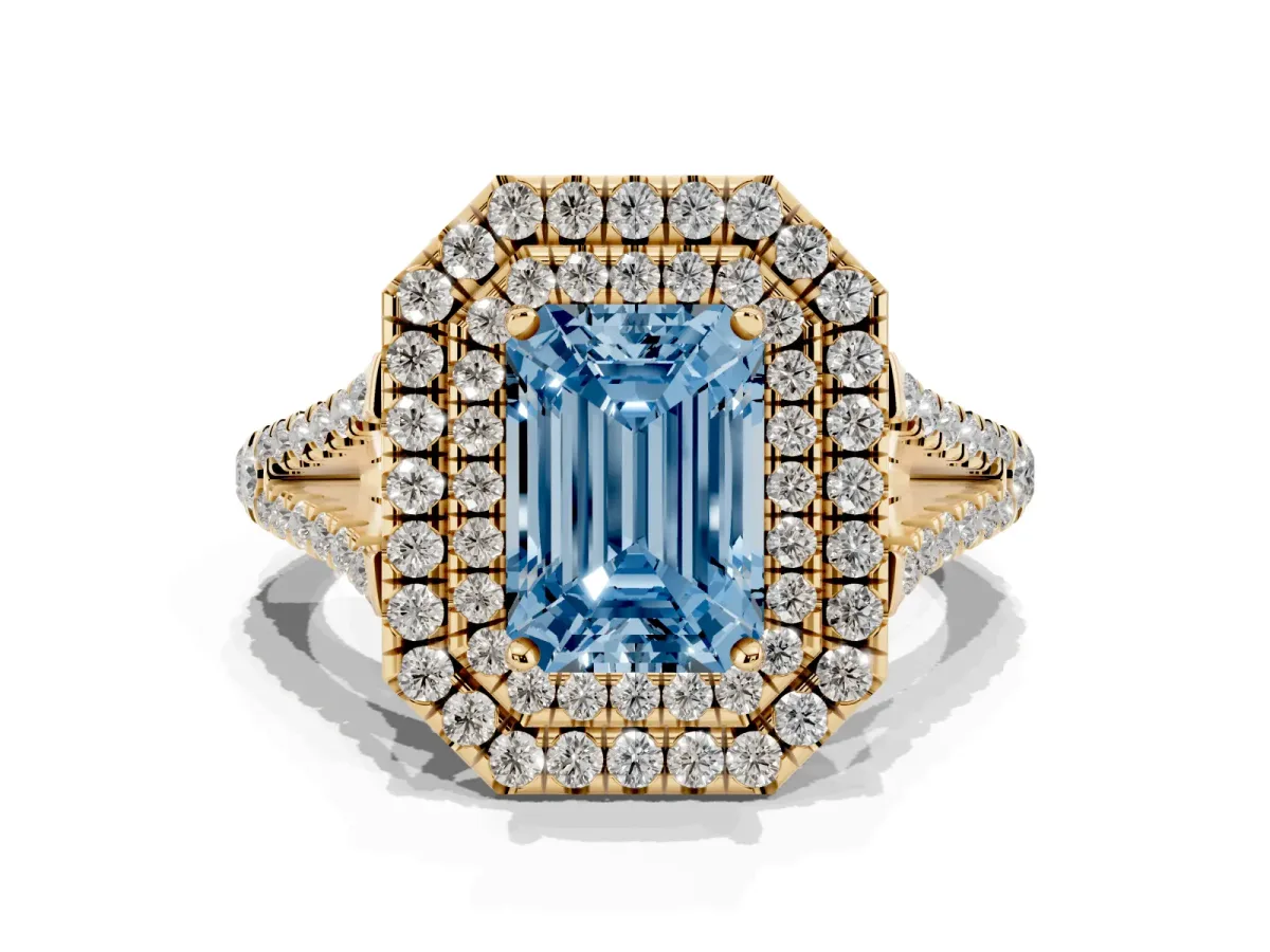 Fancy Blue Emerald Cut Diamond Double Halo Ring with Pavé Band and Prong Setting Yellow gold