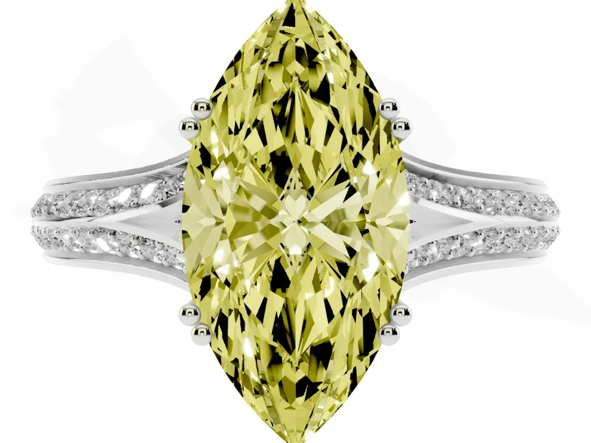 Fancy Yellow Marquise Cut Diamond Split Shank Engagement Ring with Pavé Band Silver