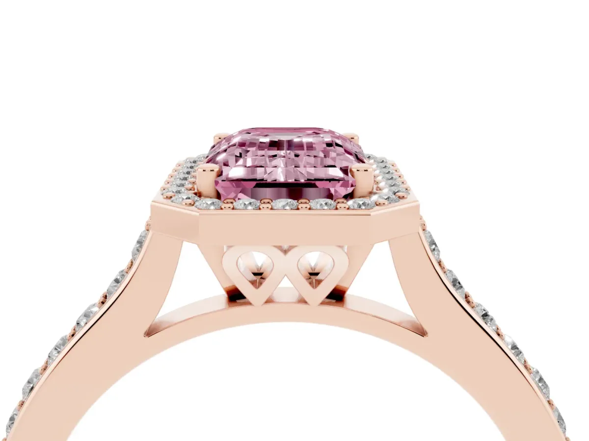 Fancy Pink Emerald Cut Diamond Halo Engagement Ring with Round Pavé Shoulders and Prong Setting Rose gold