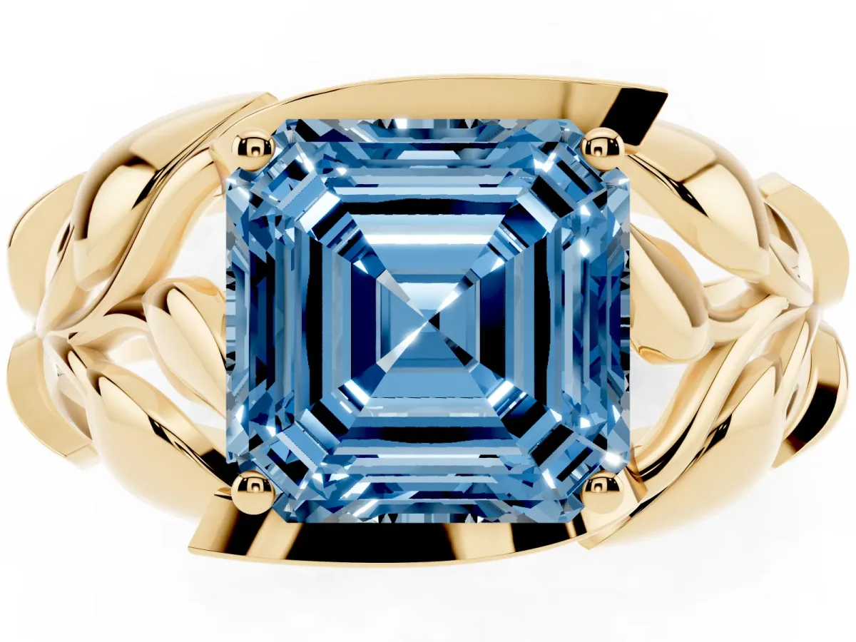 Fancy Blue Asscher Cut Diamond Leaf-Inspired Engagement Ring with Round Accents and Prong Setting Yellow gold