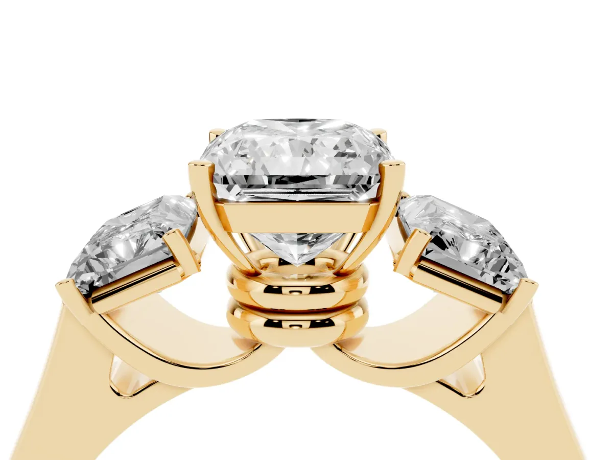 Three-Stone Radiant Cut Brilliant Diamond Trellis Ring with Comfort Fit Band Yellow gold