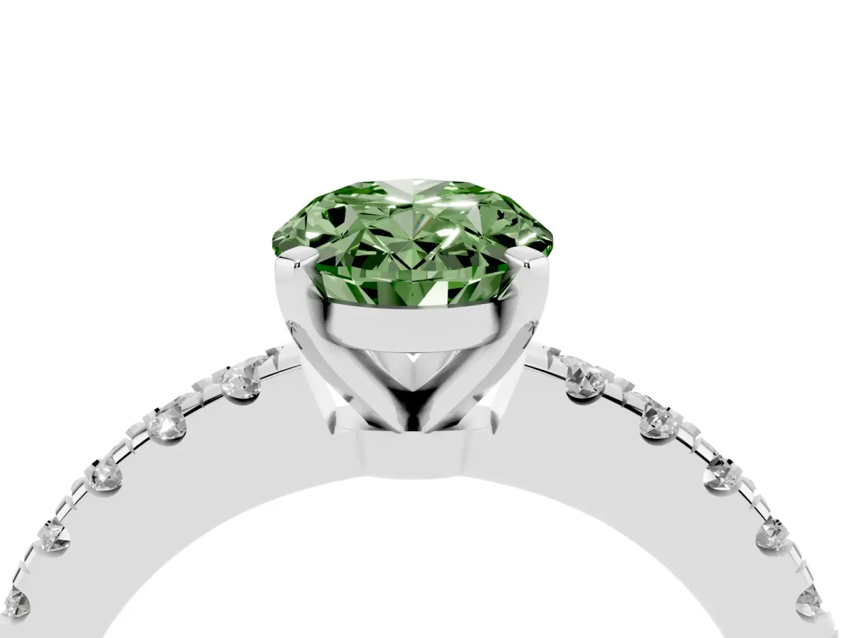 Fancy Green Oval Cut Solitaire Diamond with Pavé Band and Four-Prong Setting Silver