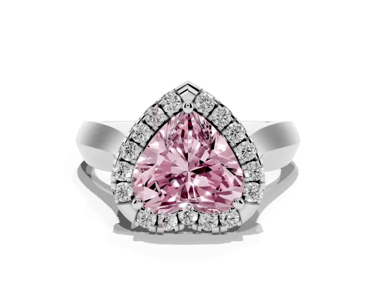 Fancy Pink Heart Cut Cut Halo Solitaire Engagement Ring with Square Band and Four-Prong Setting Platinum