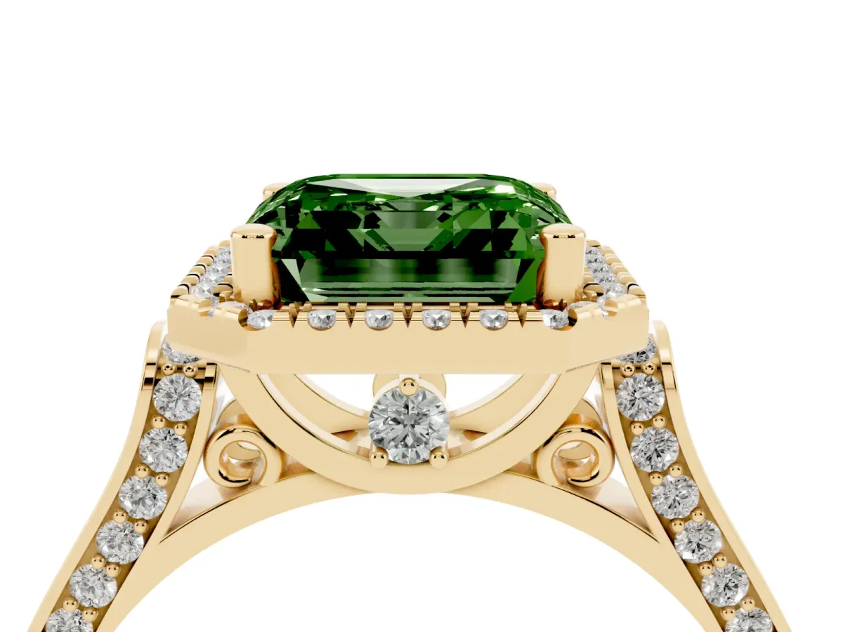 Fancy Green Asscher Cut Halo Pave Split Shank Prong Setting Ring Yellow gold