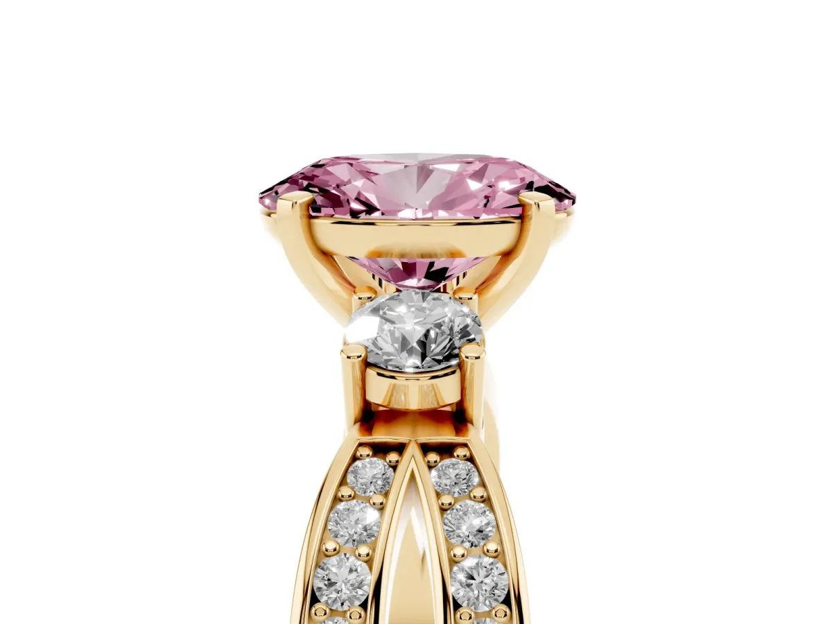 Fancy Pink Three-Stone Oval Cut Cut Diamond Twist Band with Prong Setting Yellow gold