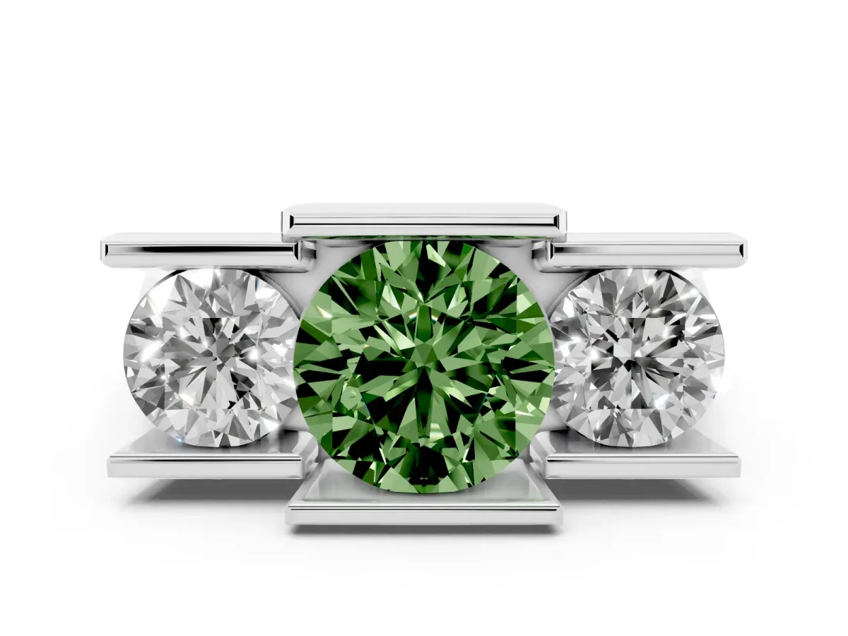 Fancy Green Three Stone Round Cut Cut Channel Set Diamond Ring Platinum