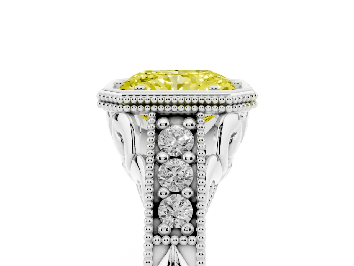 Fancy Yellow Bezel Set Radiant Cut Diamond Milgrain Pave Engagement Ring Silver