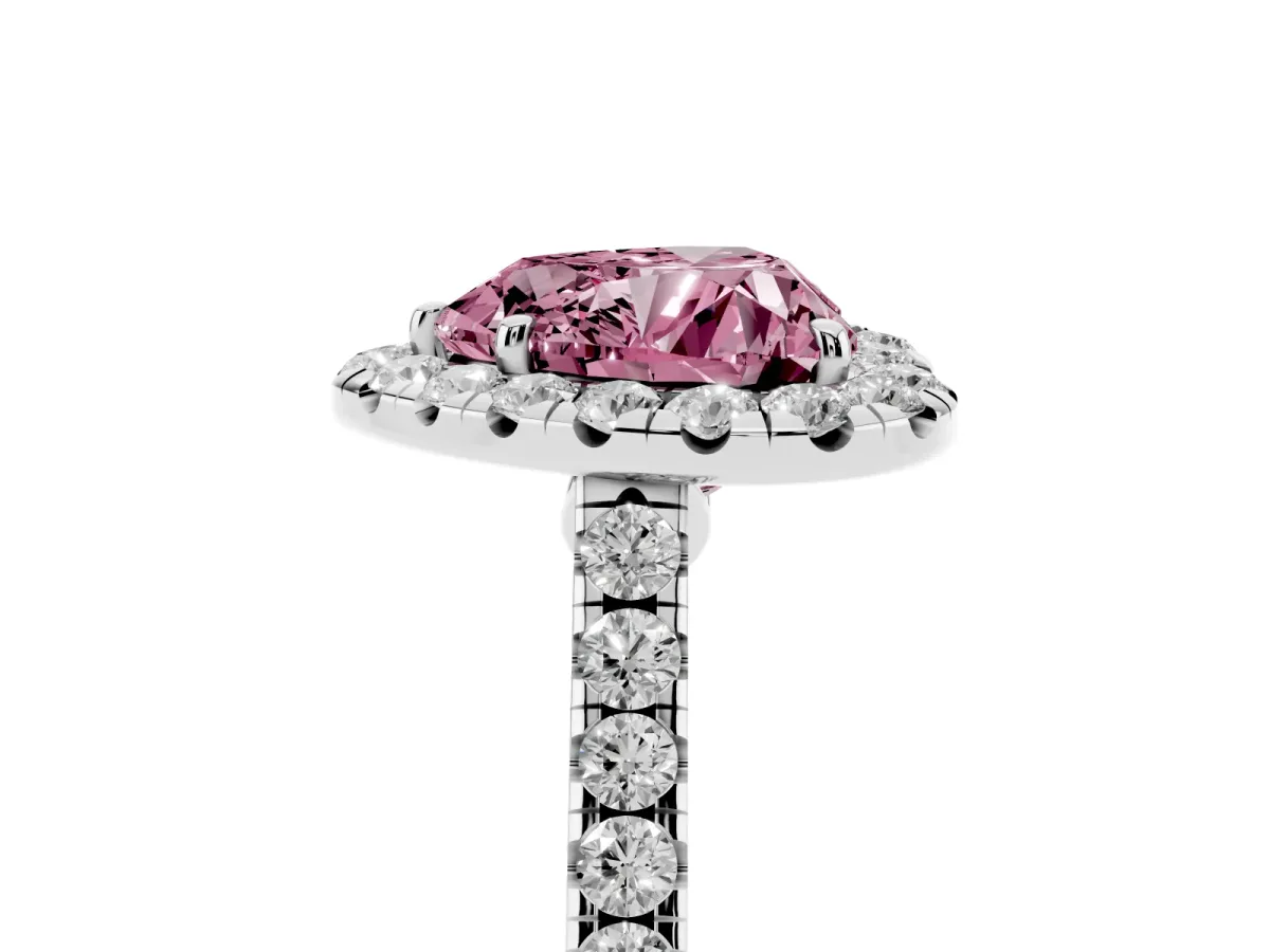 Fancy Pink Heart Cut Halo Pave Diamond Engagement Ring with Four-Prong Setting Platinum