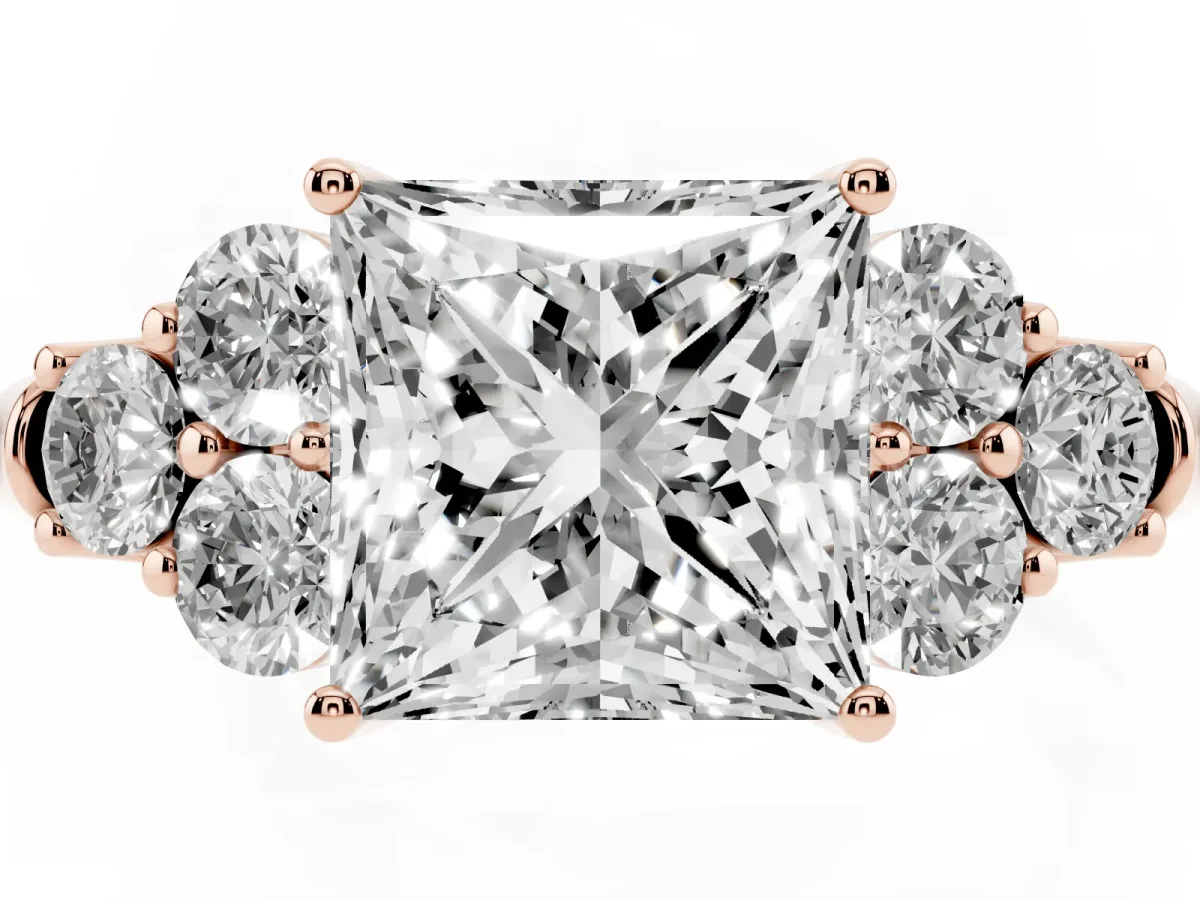 Princess Cut Cut Diamond Cluster Ring with Round Accent Stones and Prong Setting on a Classic Band Rose gold