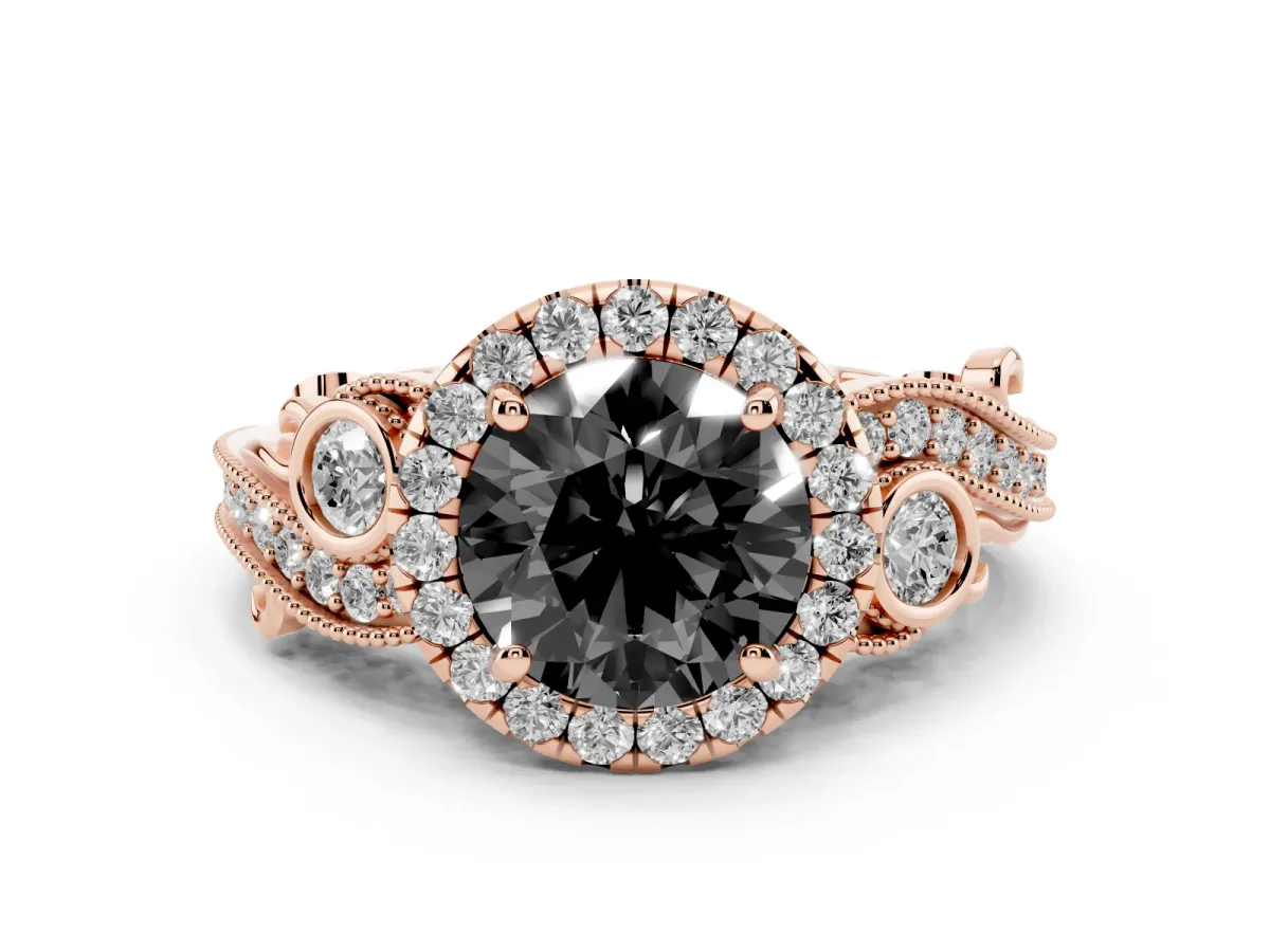 Fancy Black Round Cut Halo Diamond Ring with Milgrain and Bezel Accents on a Split Shank Band Rose gold