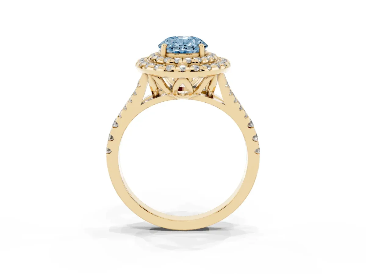 Fancy Blue Double Halo Oval Cut Diamond Pavé Split Shank Ring with Prong Setting Yellow gold