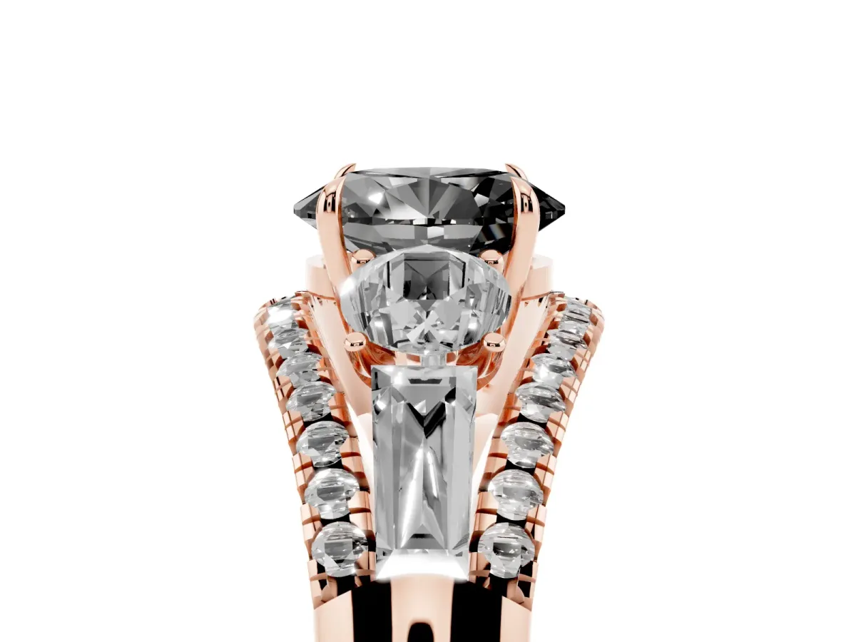 Fancy Black Three-Stone Oval Cut Diamond Engagement Ring with Pave Band and Prong Setting Rose gold