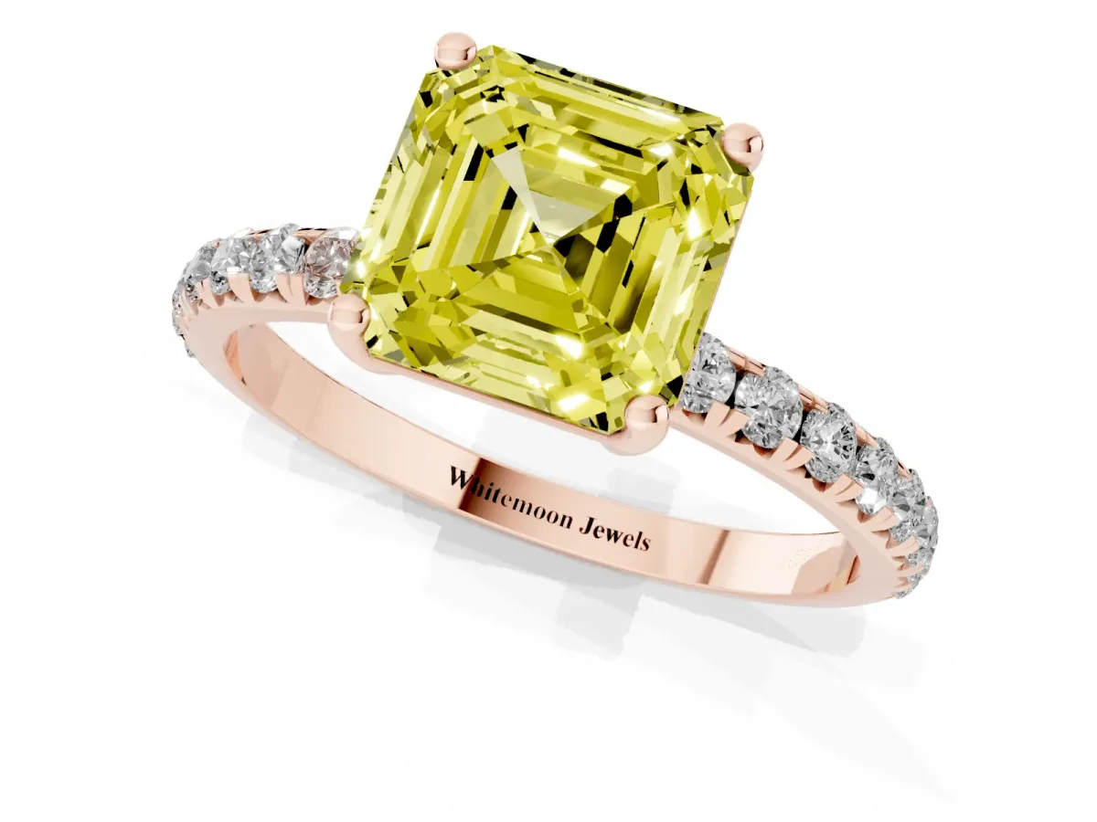 Fancy Yellow Asscher Cut Cut Diamond Solitaire Ring with Micro Pave Band and Four Prong Setting Rose gold