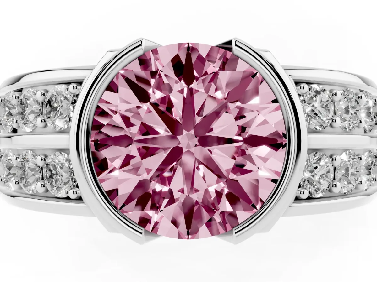 Fancy Pink Round Cut Brilliant Diamond Channel Set Wide Band Ring with Bezel Setting White gold
