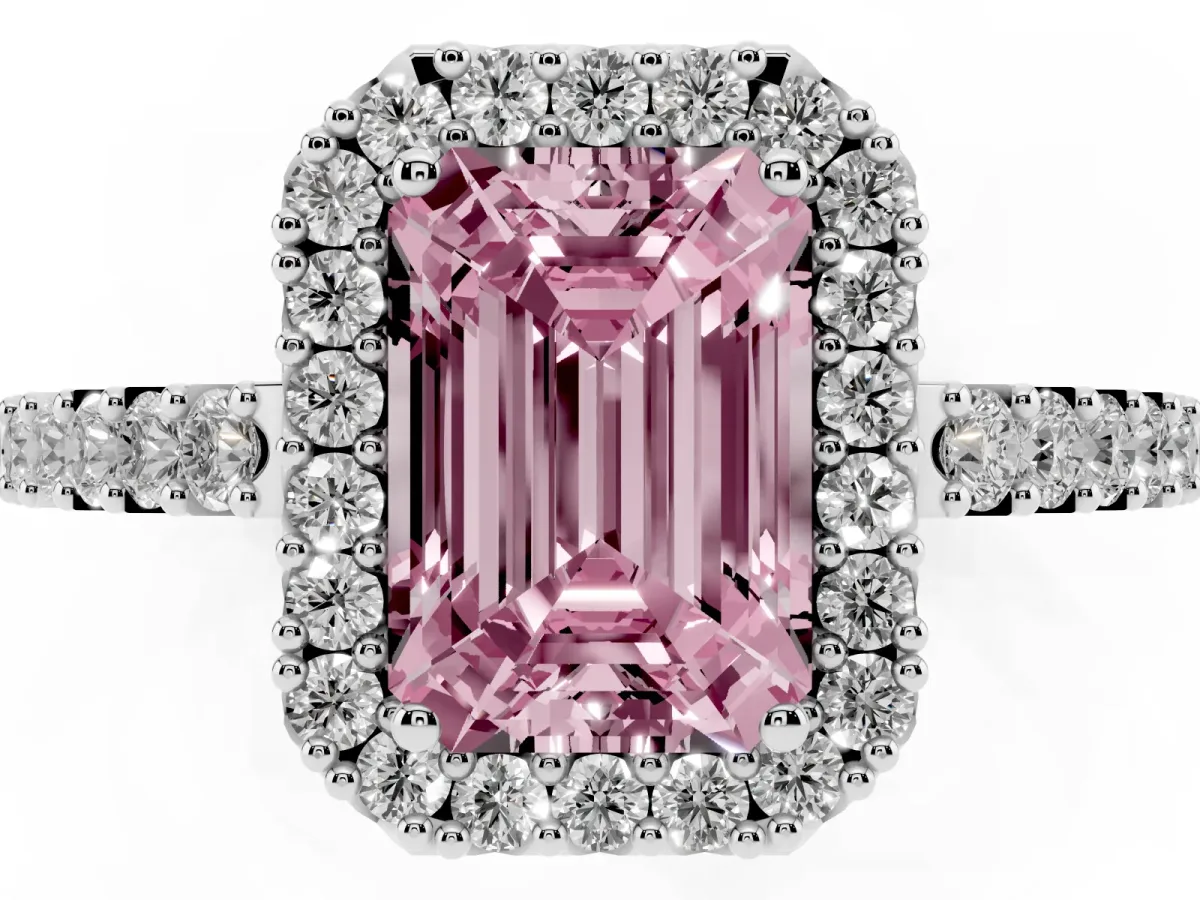 Fancy Pink Emerald Cut Halo Diamond Pavé Solitaire Ring Platinum