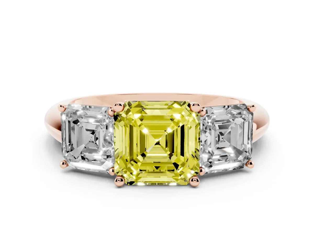 Fancy Yellow Three-Stone Asscher Cut Cut Diamond Engagement Ring with Prong Setting on a White Gold Band Rose gold