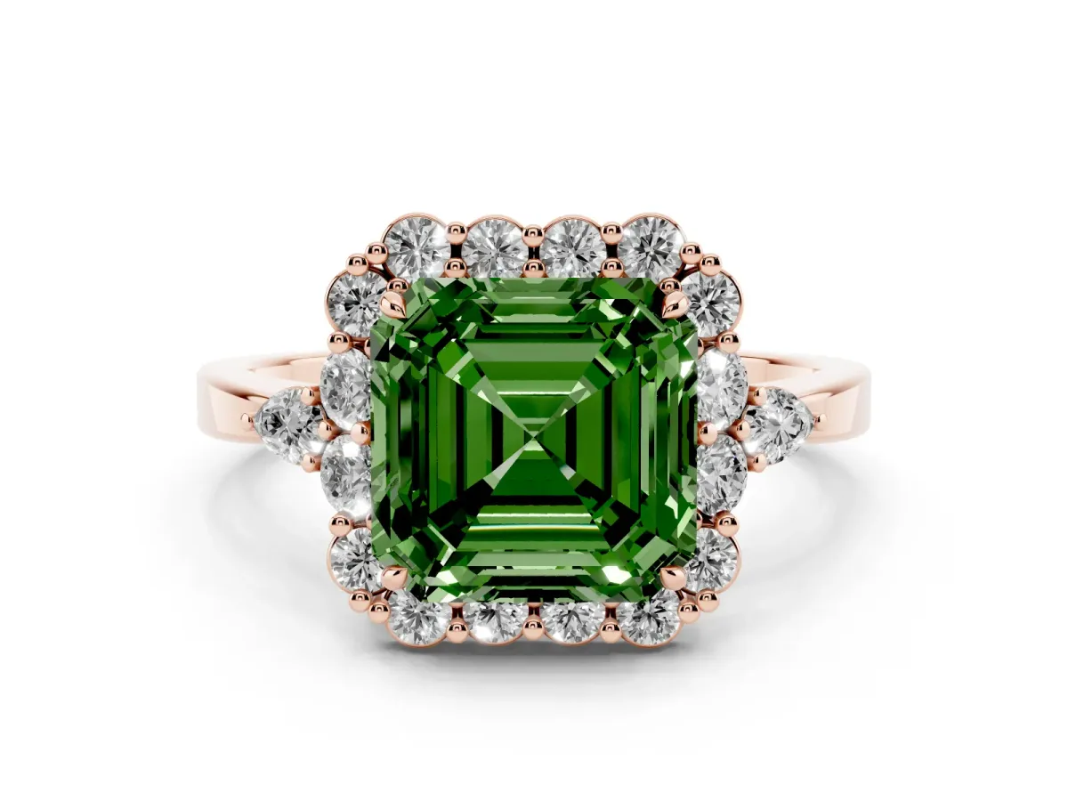Fancy Green Asscher Cut Diamond Halo Ring with Pear Side Stones and Prong Setting Rose gold
