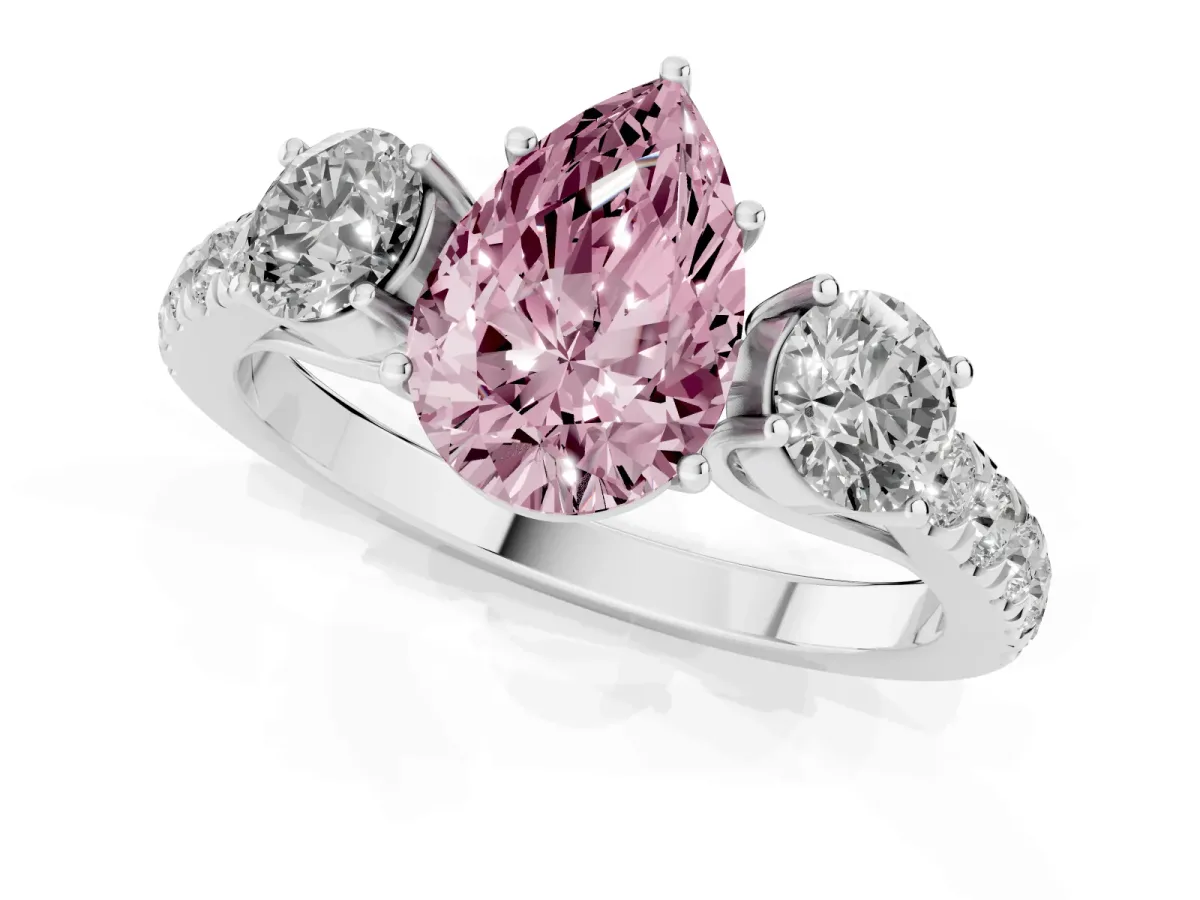 Fancy Pink Pear Cut Cut Diamond Three-Stone Ring with Round Side Stones and Pavé Band Platinum