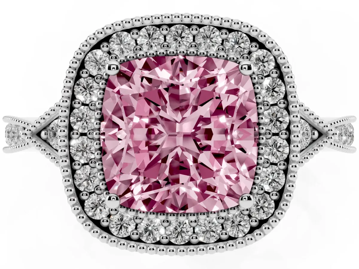 Fancy Pink Cushion Cut Halo Round Diamond Milgrain Pave Engagement Ring White gold