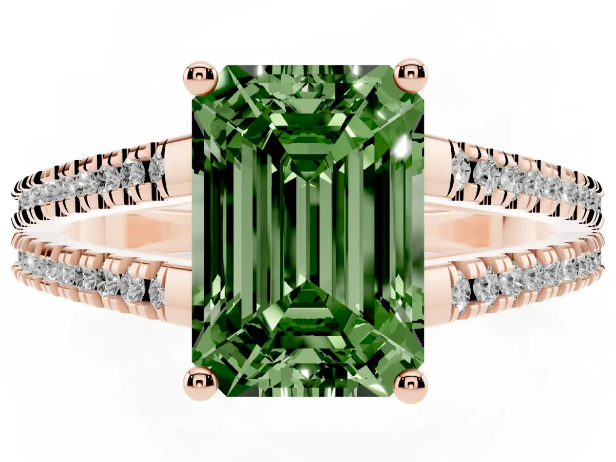 Fancy Green Emerald Cut Diamond Solitaire Engagement Ring with Split Shank Pavé Band Rose gold