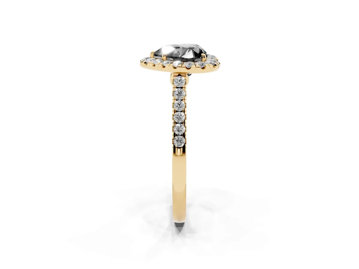 Fancy Black Heart Cut Halo Pave Diamond Engagement Ring with Four-Prong Setting Yellow gold