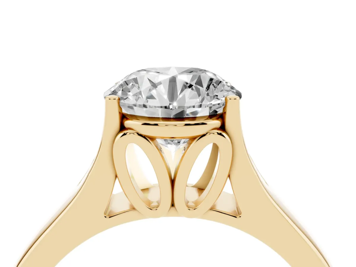 Round Cut Solitaire Diamond Ring with Cathedral Band and Four-Prong Setting Yellow gold