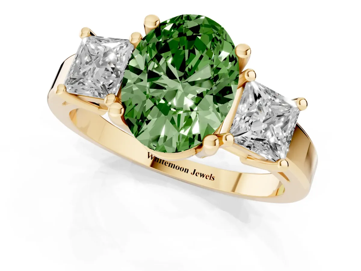 Fancy Green Three-Stone Oval Cut Cut Solitaire Ring with Prong Setting Yellow gold