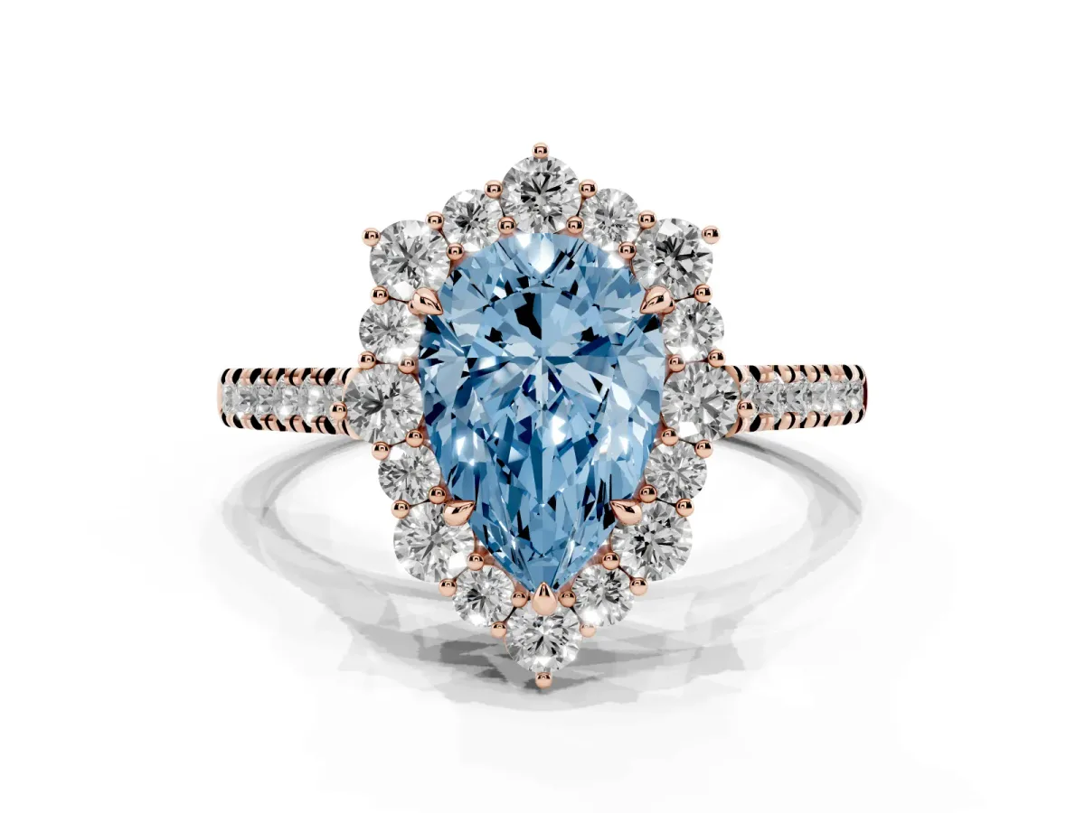 Fancy Blue Pear Cut Halo Diamond Ring with Pavé Band and Prong Setting Rose gold