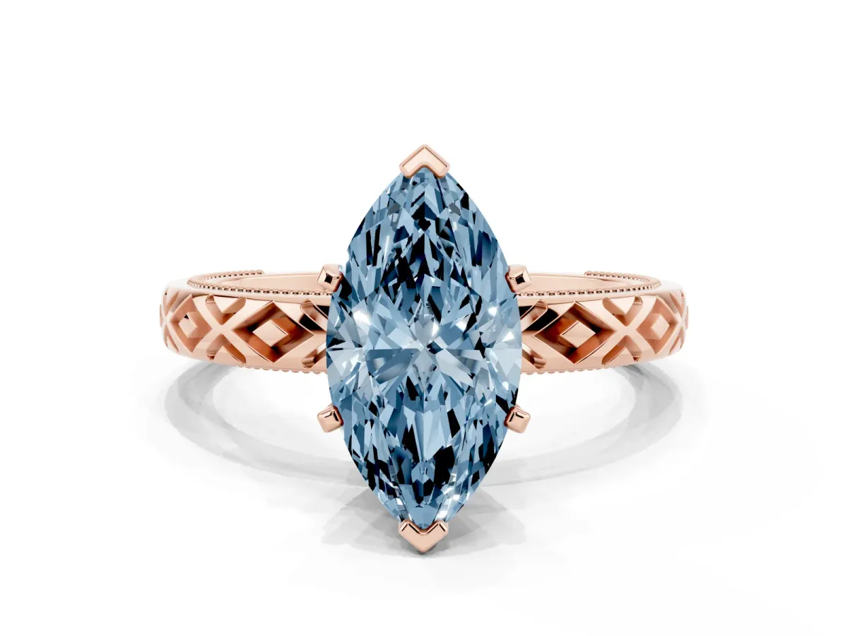 Fancy Blue Marquise Cut Solitaire Diamond Ring with Milgrain and Black Enamel X Pattern Band Rose gold