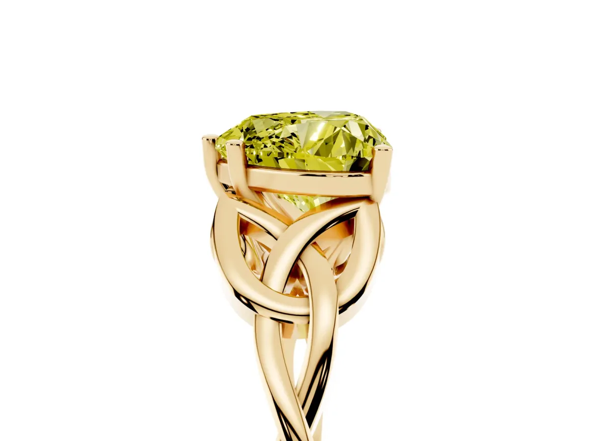 Fancy Yellow Heart Cut Diamond Solitaire Engagement Ring with Celtic Knot Band and Four-Prong Setting Yellow gold