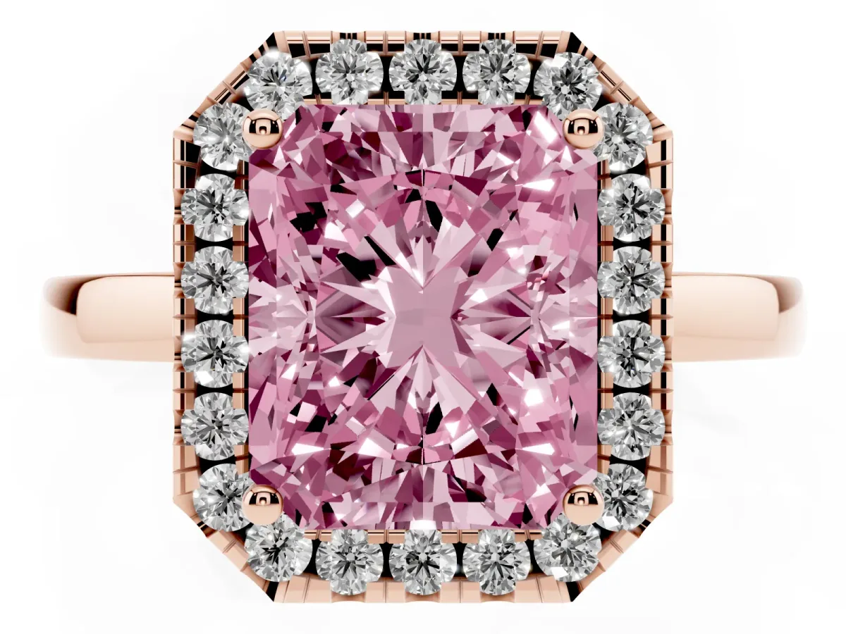 Fancy Pink Radiant Cut Halo Diamond Solitaire with Pavé Band and Four-Prong Setting Rose gold