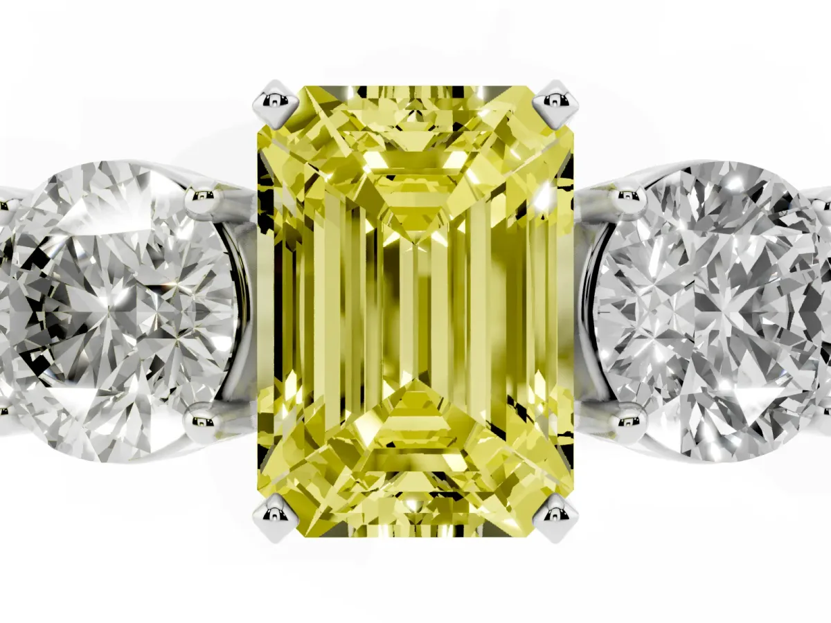 Fancy Yellow Three-Stone Emerald Cut Diamond Ring with Round Side Stones, Classic Band, and Four-Prong Setting Silver