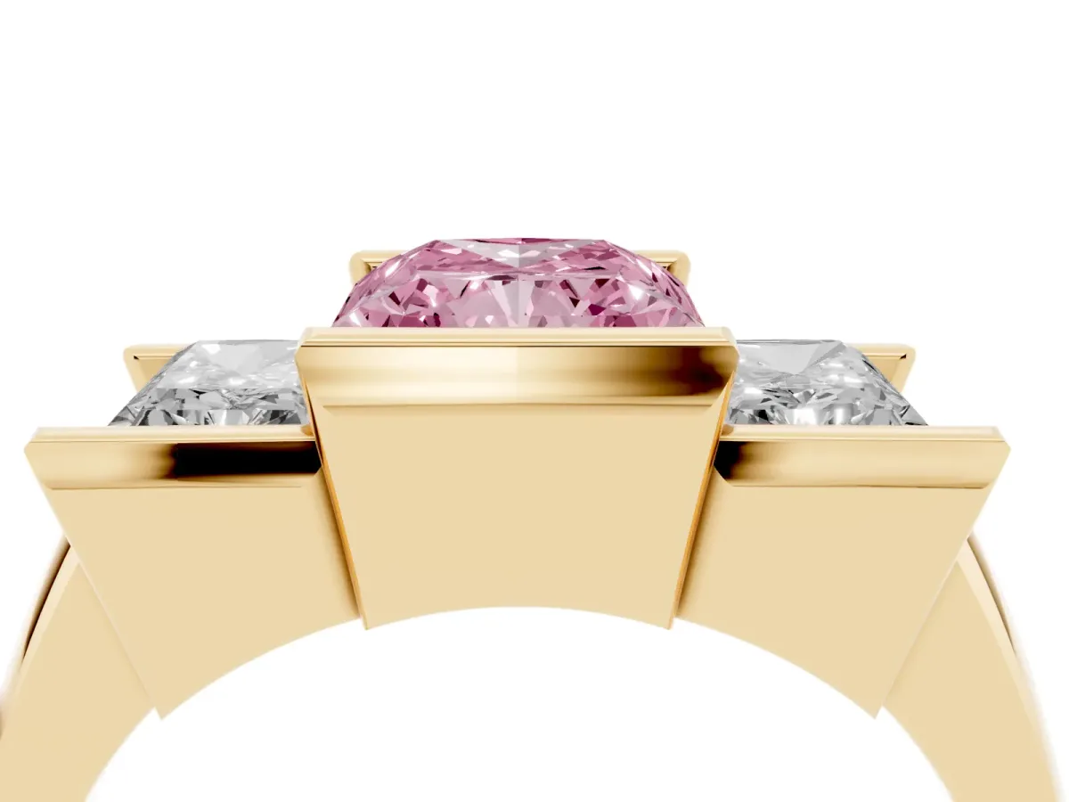Fancy Pink Three Stone Radiant Cut Cut Channel Set Diamond Ring Yellow gold