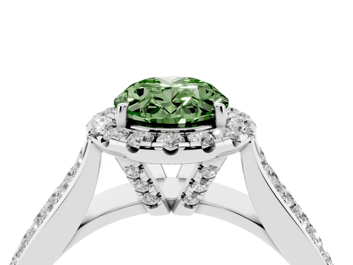 Fancy Green Oval Cut Halo Round Diamond Pave Band with Prong Setting Silver