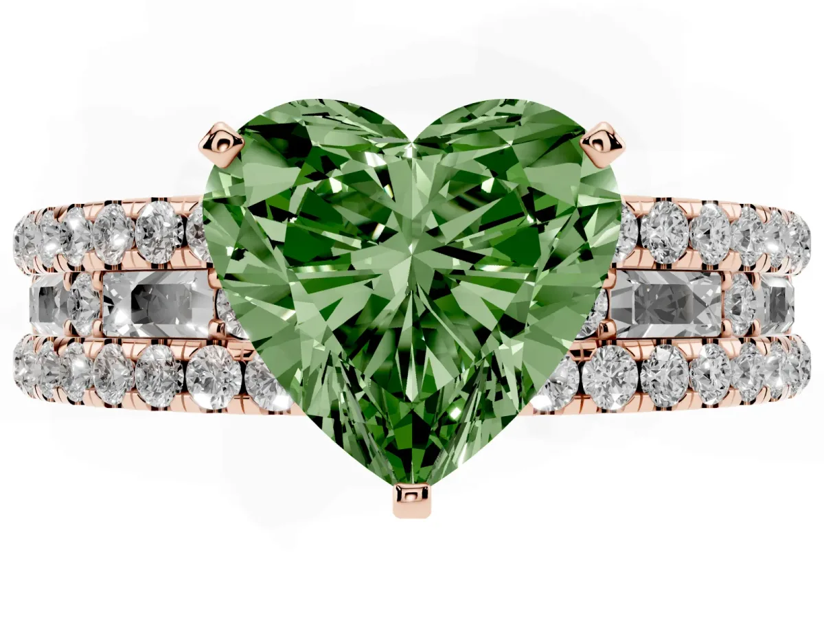 Fancy Green Heart Cut Diamond Solitaire Ring with Pavé and Channel Set Band Rose gold
