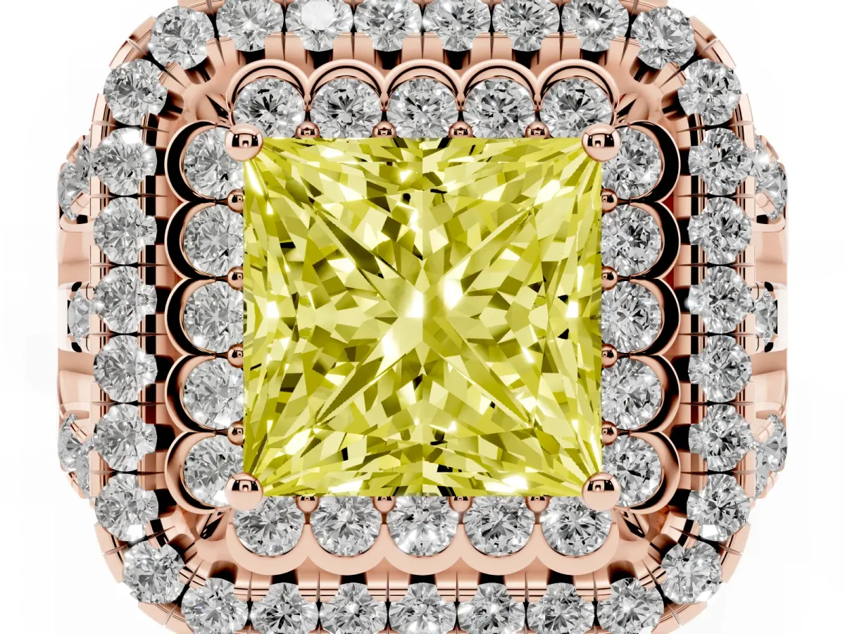 Fancy Yellow Princess Cut Diamond Double Halo Ring with Round Pavé Split Shank and Prong Setting Rose gold