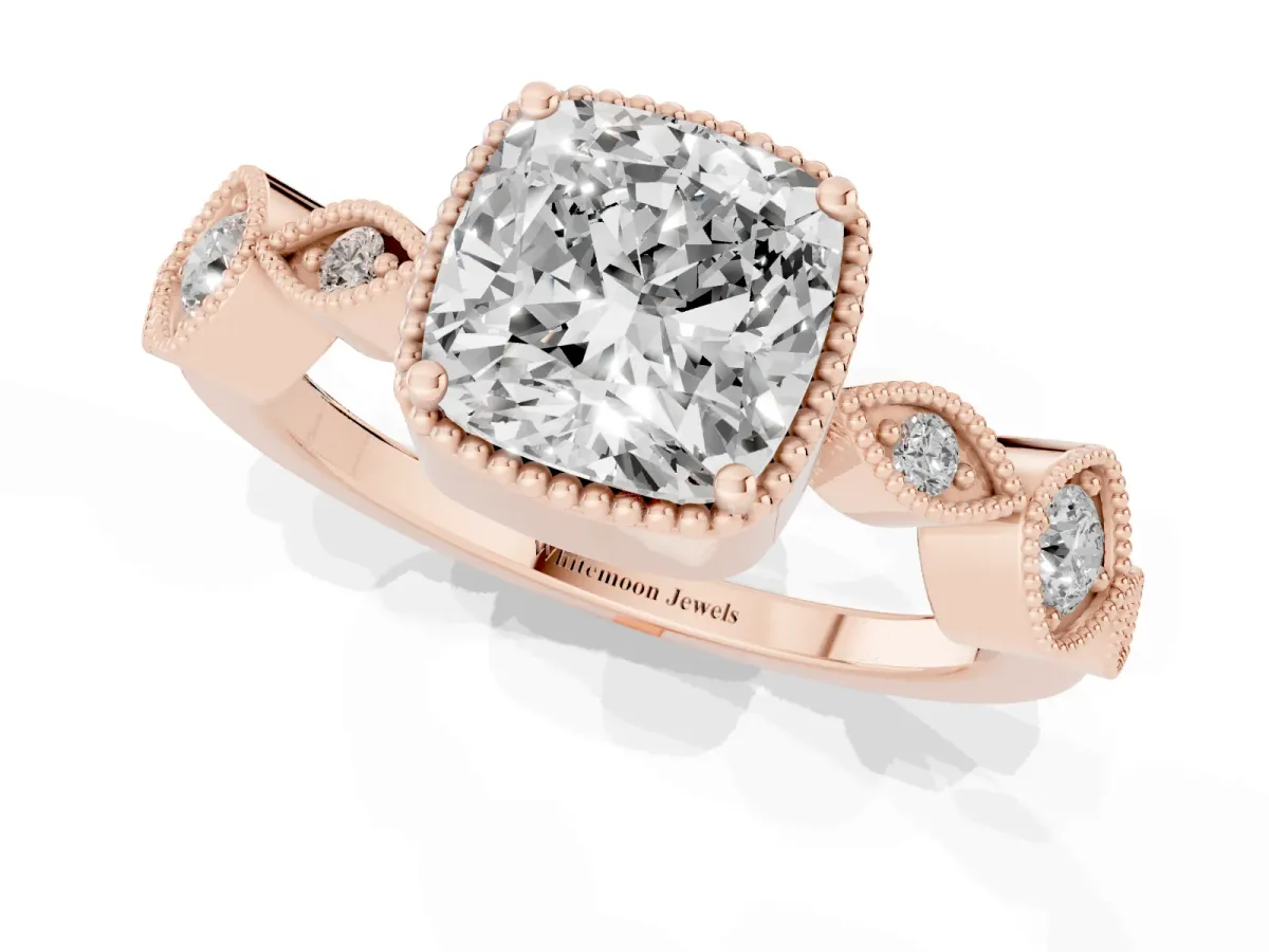 Cushion Cut Diamond Vintage Milgrain Ring with Round Stations Rose gold