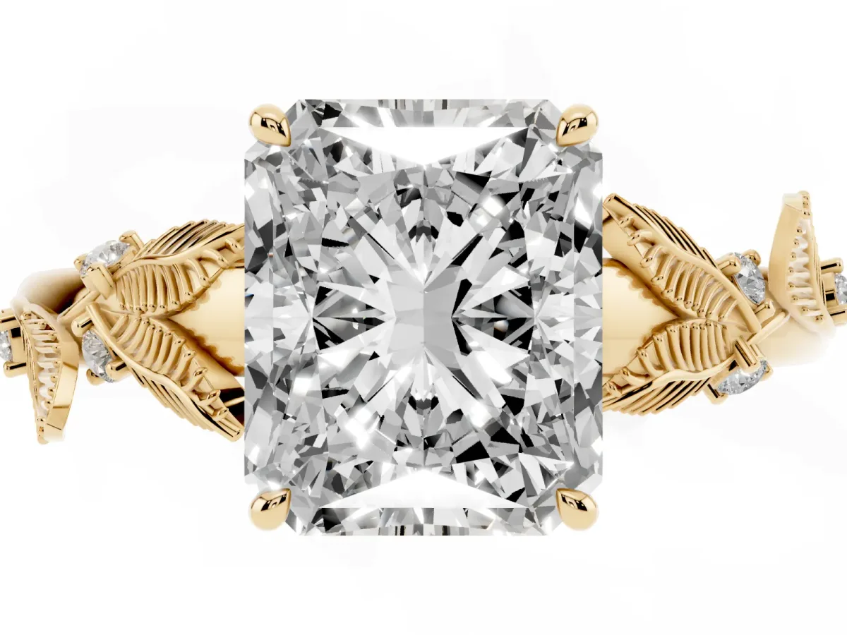 Radiant Cut Diamond Solitaire Ring with Leaf Motif Band and Four-Prong Setting Yellow gold