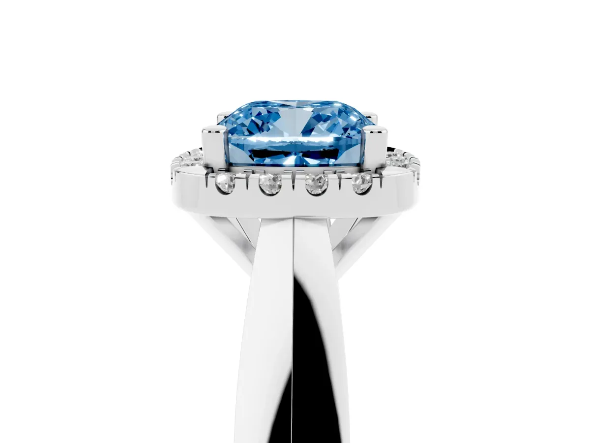 Fancy Blue Cushion Cut Cut Halo Solitaire Engagement Ring with Square Band and Four-Prong Setting White gold