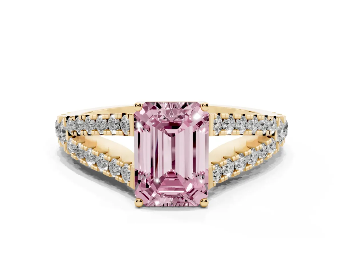Fancy Pink Emerald Cut Diamond Split Shank Pavé Engagement Ring with Four-Prong Setting Yellow gold