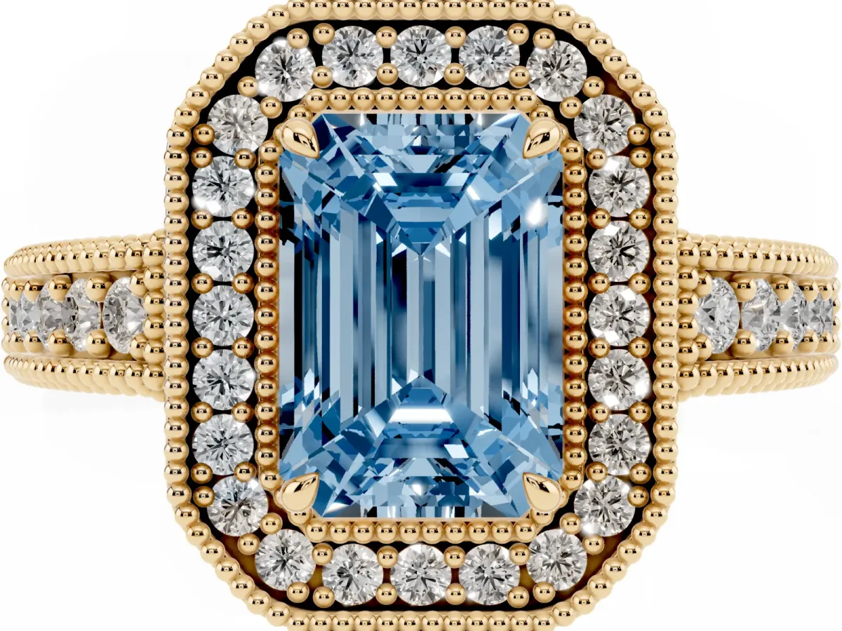 Fancy Blue Emerald Cut Cut Halo Diamond Ring with Pavé Band and Four-Prong Setting Yellow gold