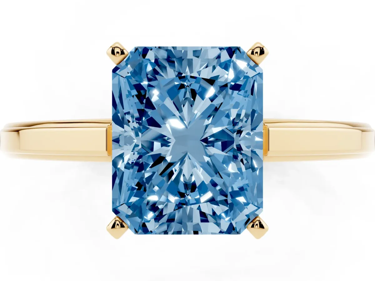 Fancy Blue Radiant Cut Solitaire Diamond Ring with Four-Prong Setting and Classic Band Yellow gold