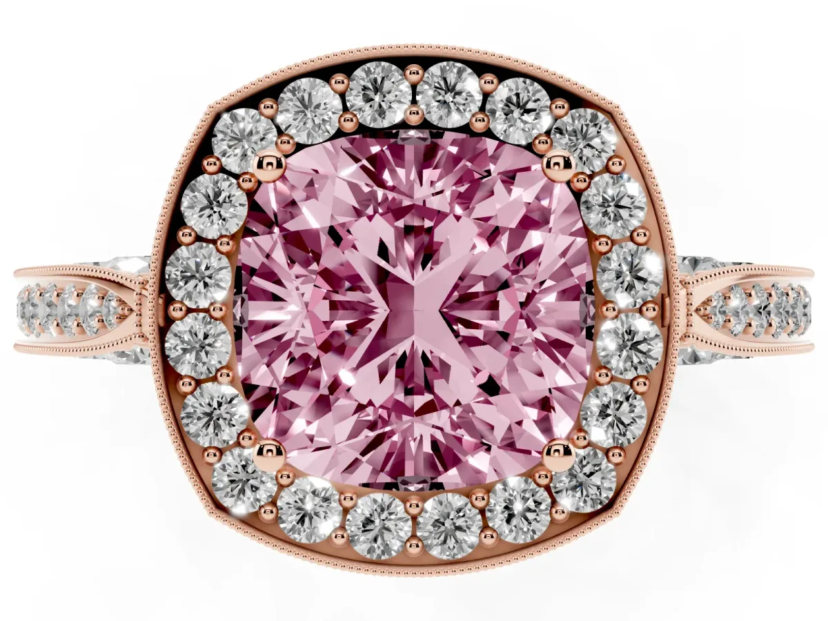 Fancy Pink Cushion Cut Halo Diamond Engagement Ring with Split Shank Band and Four-Prong Setting Rose gold