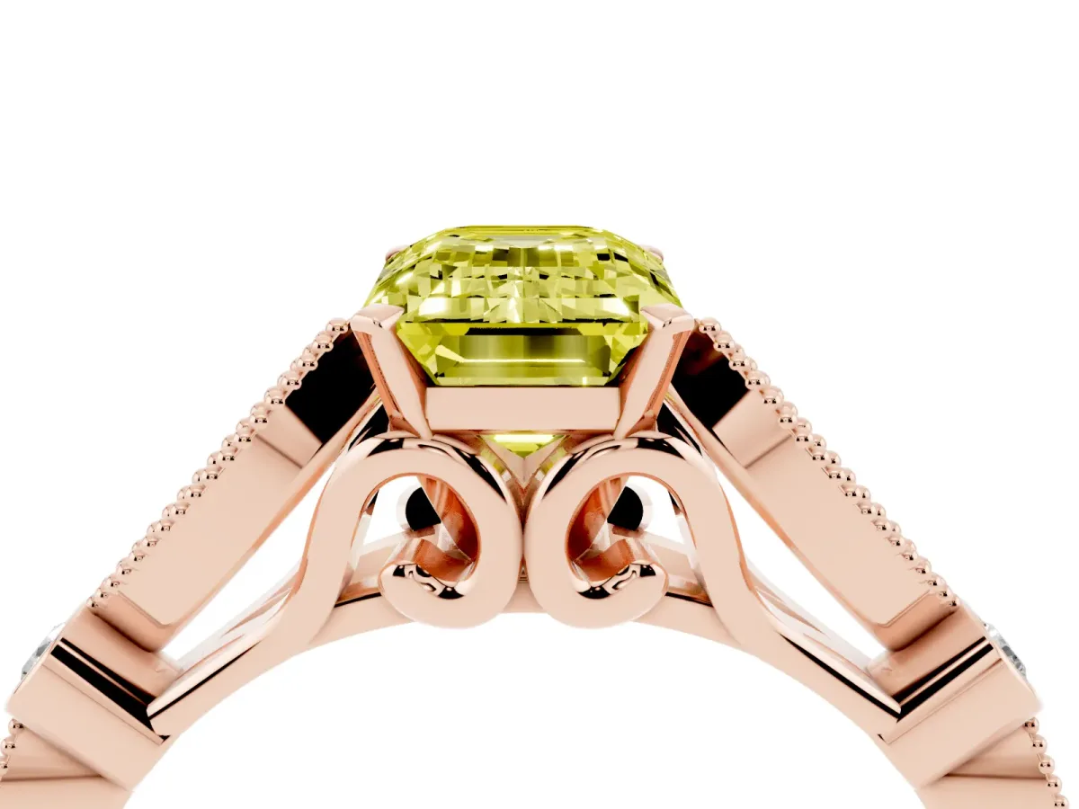 Fancy Yellow Emerald Cut Cut Diamond with Milgrain Marquise and Bezel Accents on a Solitaire Band with Prong Setting Rose gold