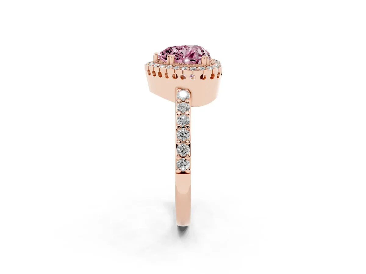 Fancy Pink Heart Cut Cut Diamond Halo Engagement Ring with Milgrain Detail and Pavé Band Rose gold
