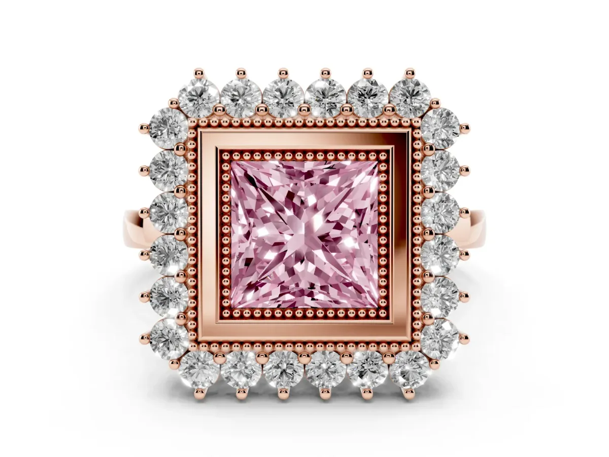 Fancy Pink Princess Cut Halo Diamond Ring with Milgrain Edge and Round Prong Setting Rose gold
