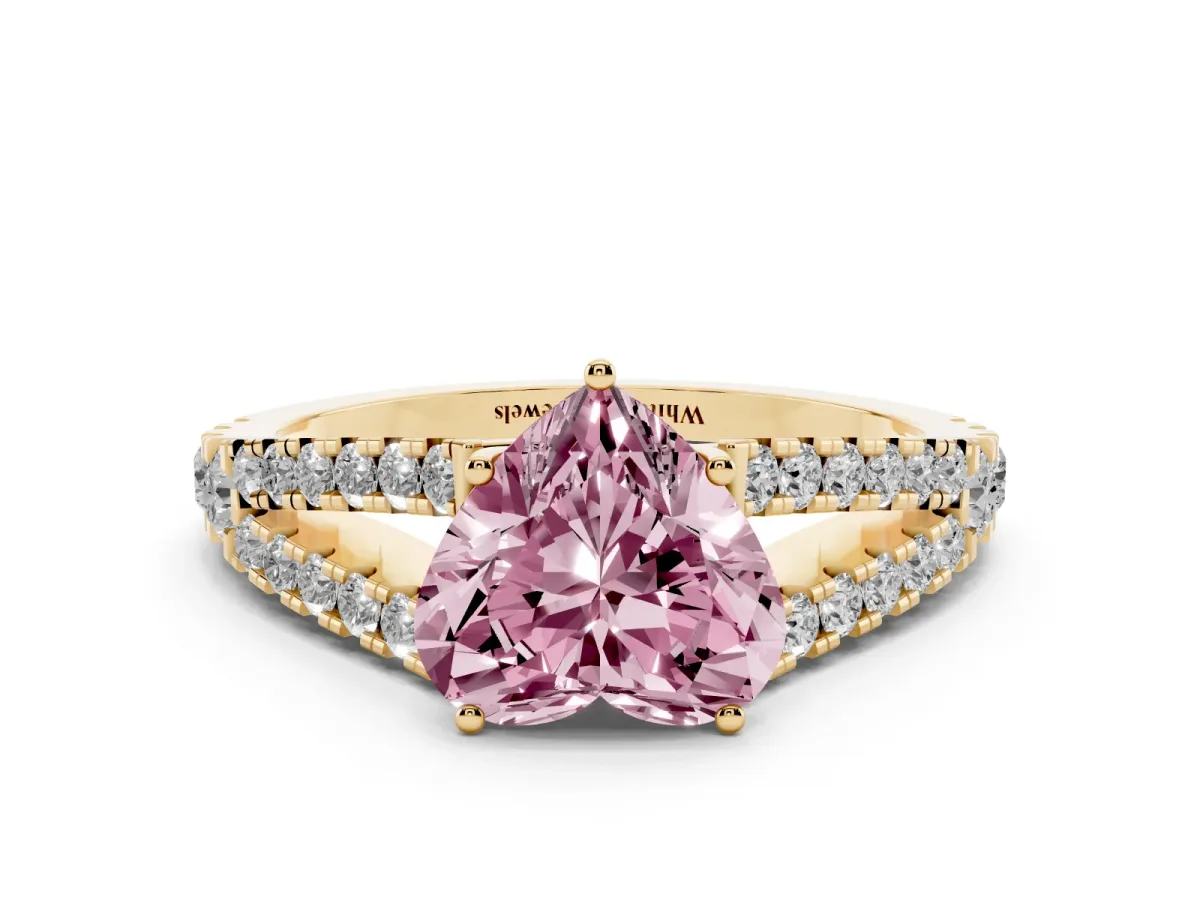 Fancy Pink Heart Cut Diamond Split Shank Pavé Engagement Ring with Four-Prong Setting Yellow gold