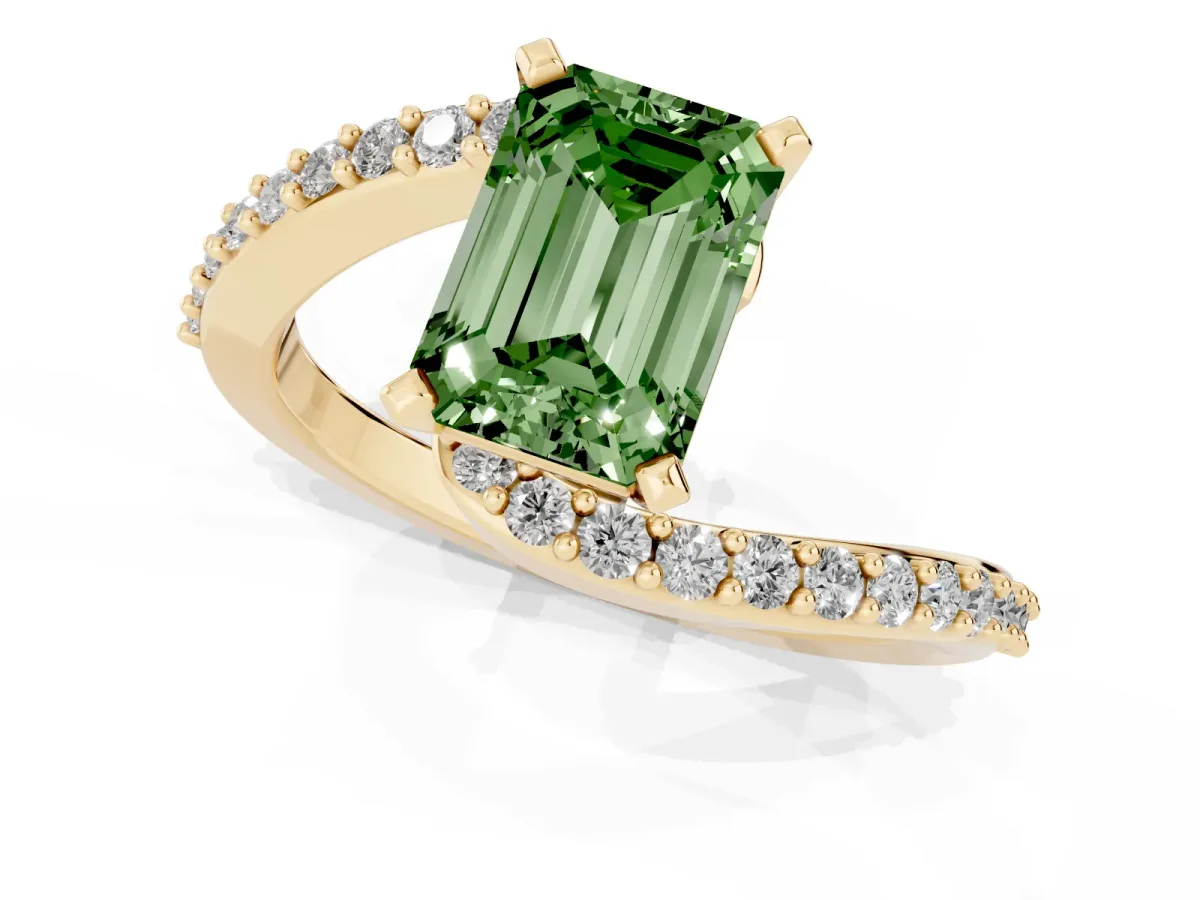 Fancy Green Emerald Cut Solitaire Twist Band with Pave Set Diamonds and Four-Prong Setting Yellow gold