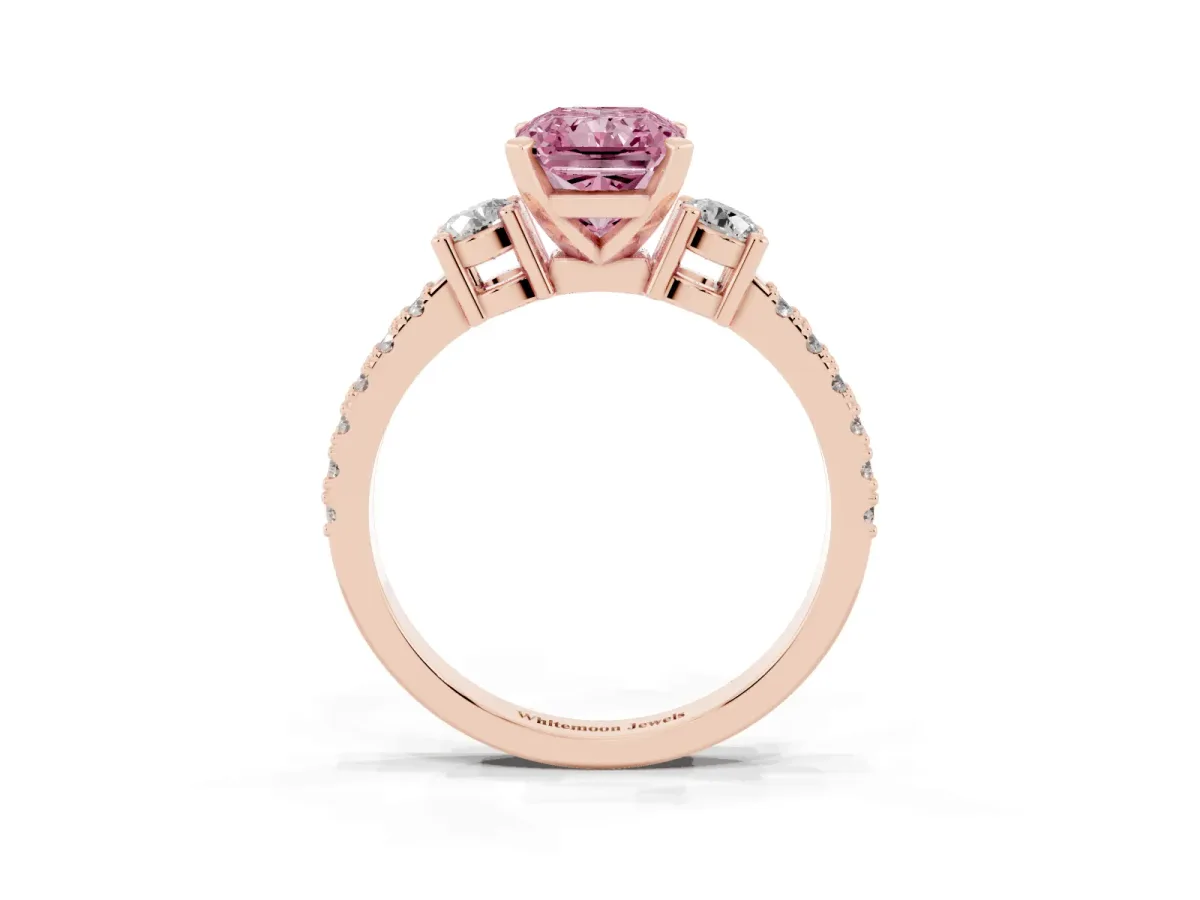 Fancy Pink Radiant Cut Three-Stone Diamond Pavé Band with Prong Setting Rose gold