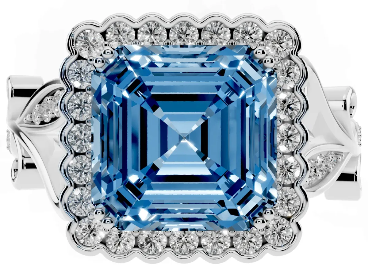Fancy Blue Asscher Cut Diamond Halo Ring with Vintage Split Shank and Four-Prong Setting Silver